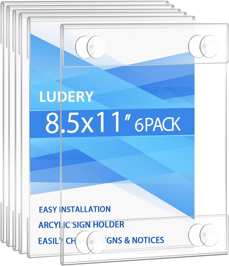 Ludery Acrylic Window Sign Holder 8.5 x 11 with 4 Suction Cups,Clear Acrylic Frames Glass Window Wall Mount,Advertising Signage Sign Holder for Mall, Office, Home, Store, Restaurant (6 Pack) - Image 1